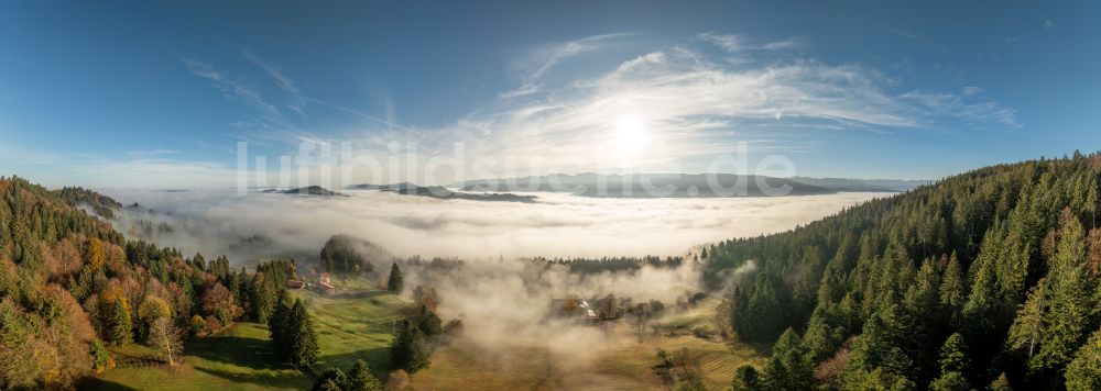 Irsengund aus der Vogelperspektive: Herbstluftbild Nebel- und Wolken- Schicht über Wald- und Wiesenlandschaft im Allgäu im Ortsteil Oberreute in Irsengund im Bundesland Bayern, Deutschland