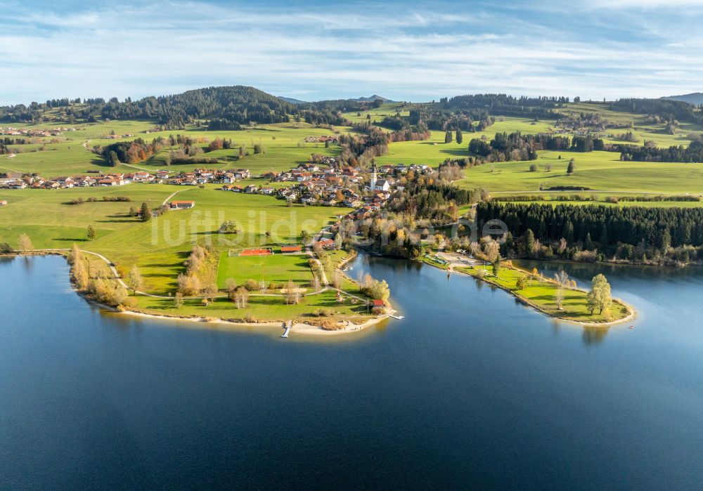 Oy-Mittelberg von oben - Herbstluftbild Panorama vom Rottachspeicher in Oy-Mittelberg/ Petersthal im Bundesland Bayern, Deutschland