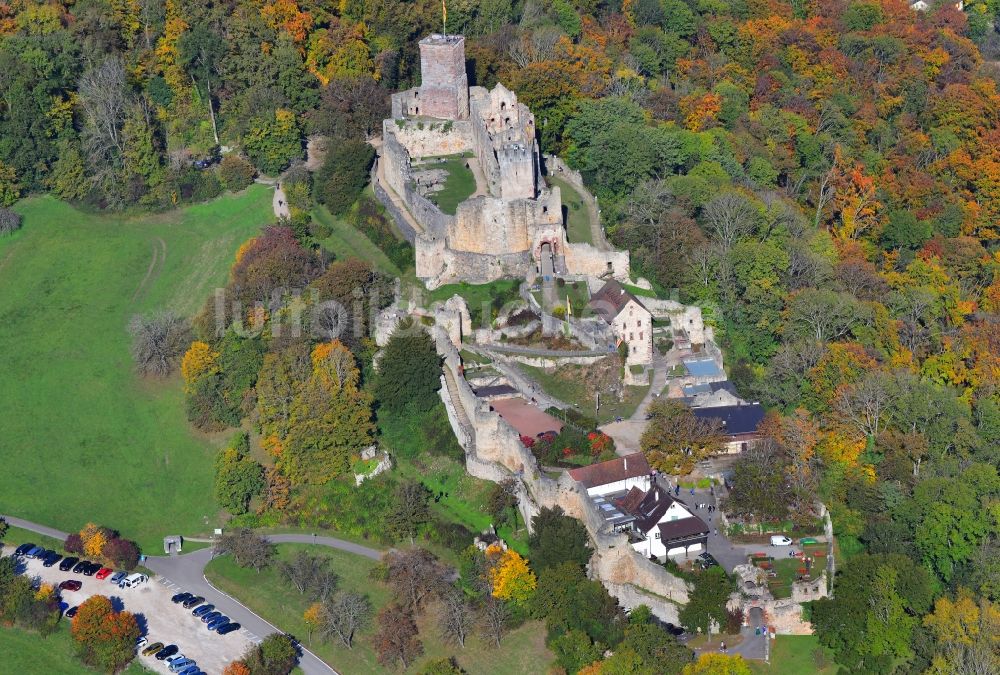 Lörrach aus der Vogelperspektive: Herbstluftbild Ruine und Mauerreste der ehemaligen Burganlage Burg Rötteln im Ortsteil Haagen in Lörrach im Bundesland Baden-Württemberg, Deutschland