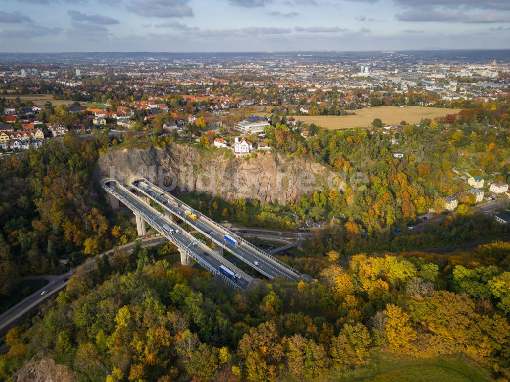 Dresden von oben - Herbstluftbild Viadukt Autobahnbrücke der BAB A17 Weißeritztalbrücke in Dresden im Bundesland Sachsen, Deutschland