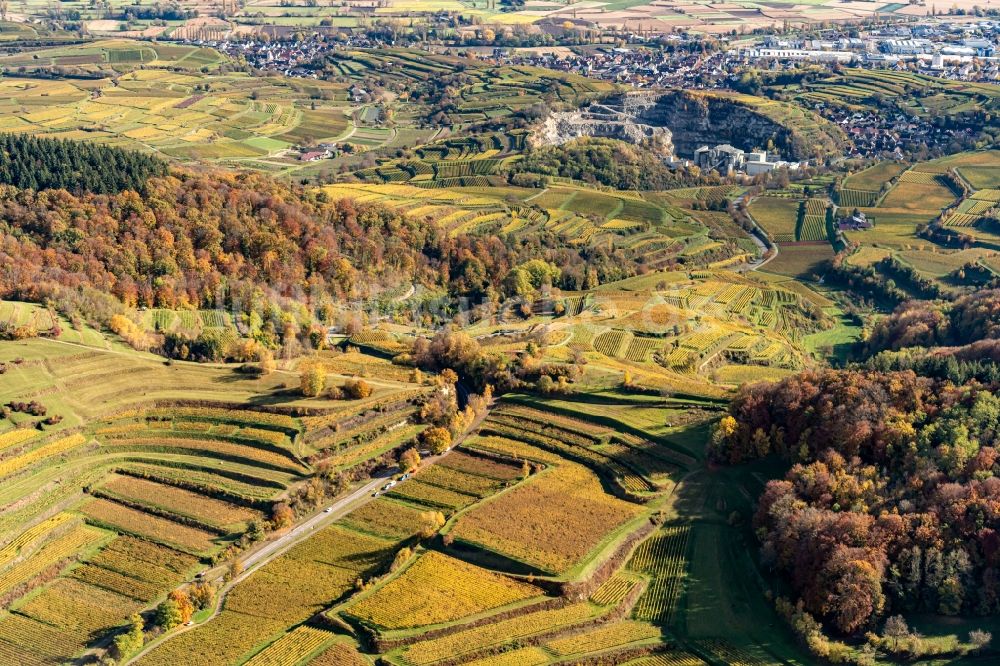 Luftaufnahme Vogtsburg im Kaiserstuhl - Herbstluftbild Wald und Berglandschaft Kaiserstuhl in Vogtsburg im Kaiserstuhl im Bundesland Baden-Württemberg, Deutschland