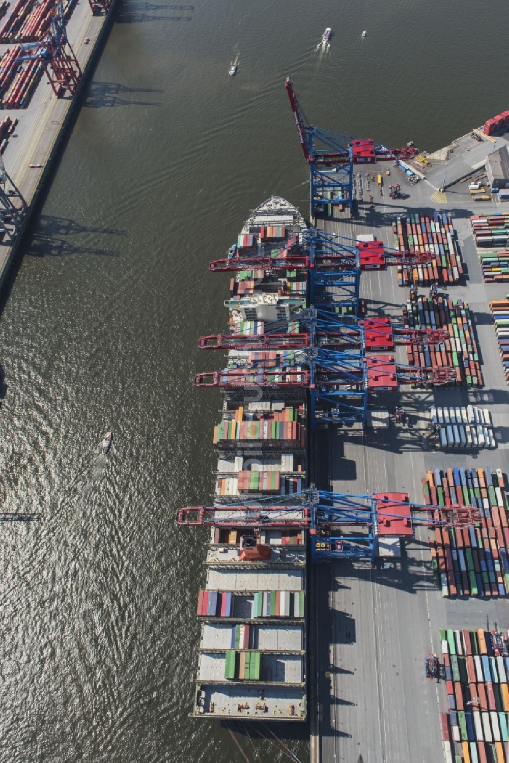 Hamburg aus der Vogelperspektive: HHLA Logistics Container Terminal Burchhardkai am Hamburger Hafen / Waltershofer Hafen in Hamburg Containerschiff MOL Triumph