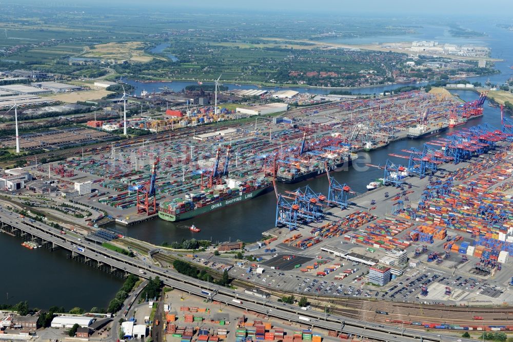 Hamburg aus der Vogelperspektive: HHLA Logistics Container Terminal Tollerort am Hamburger Hafen / Waltershofer Hafen in Hamburg