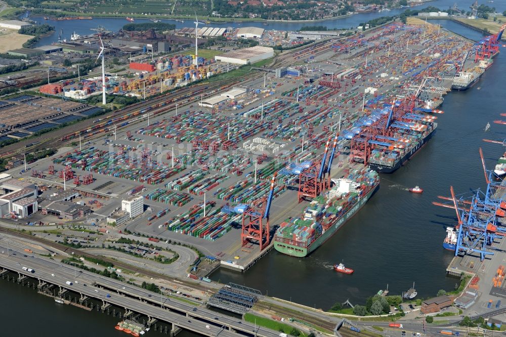 Hamburg aus der Vogelperspektive: HHLA Logistics Container Terminal Tollerort am Hamburger Hafen / Waltershofer Hafen in Hamburg