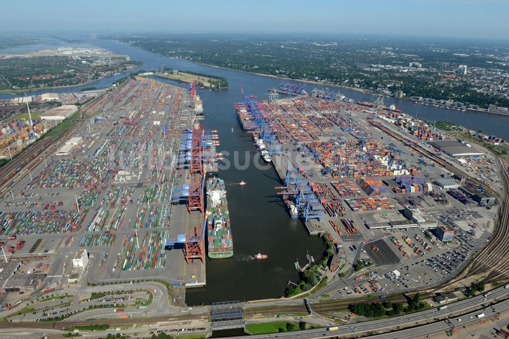 Hamburg aus der Vogelperspektive: HHLA Logistics Container Terminal Tollerort am Hamburger Hafen / Waltershofer Hafen in Hamburg