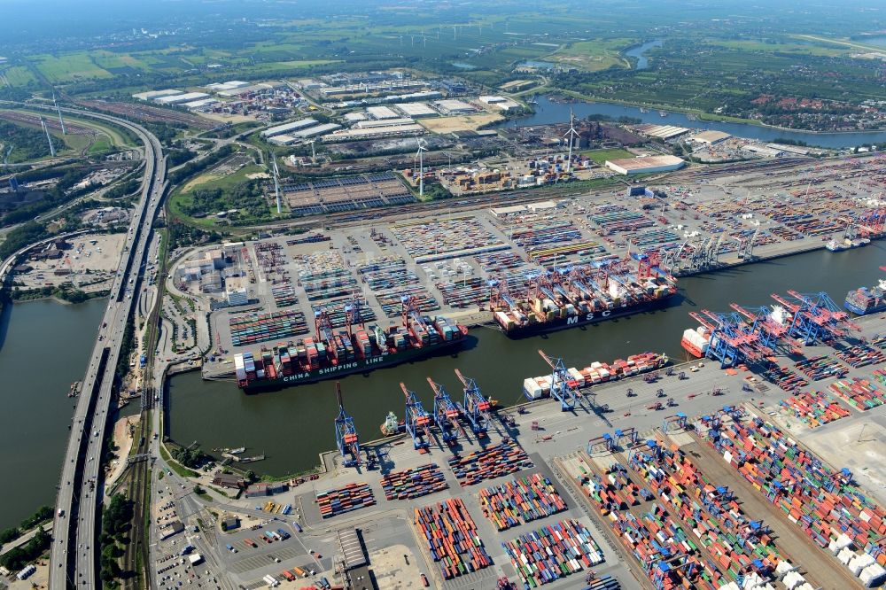 Luftbild Hamburg - HHLA Logistics Container Terminal Tollerort am Hamburger Hafen / Waltershofer Hafen in Hamburg