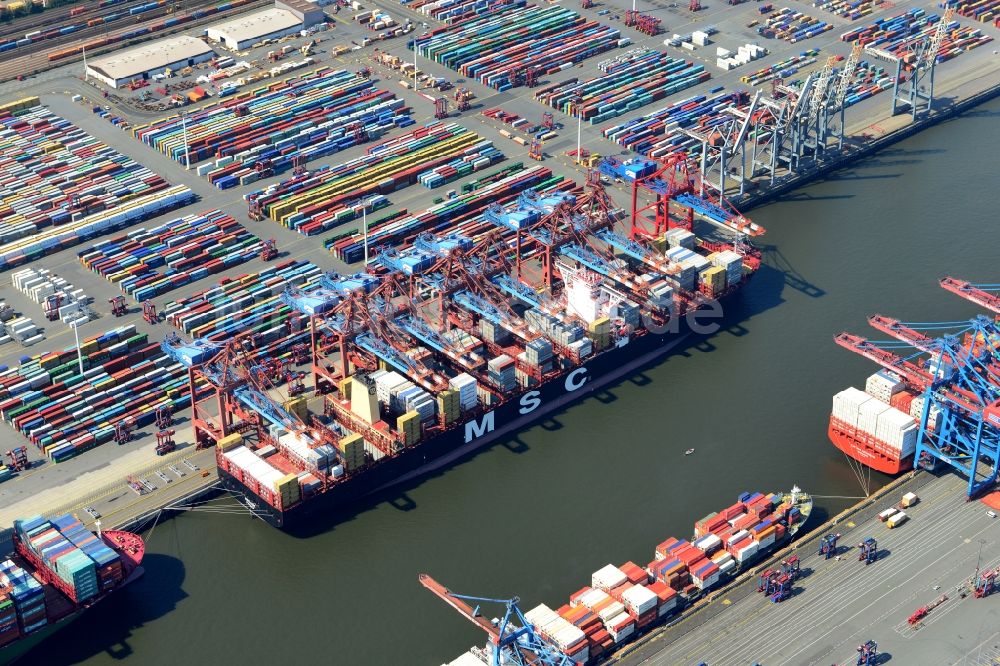 Hamburg von oben - HHLA Logistics Container Terminal Tollerort am Hamburger Hafen / Waltershofer Hafen in Hamburg