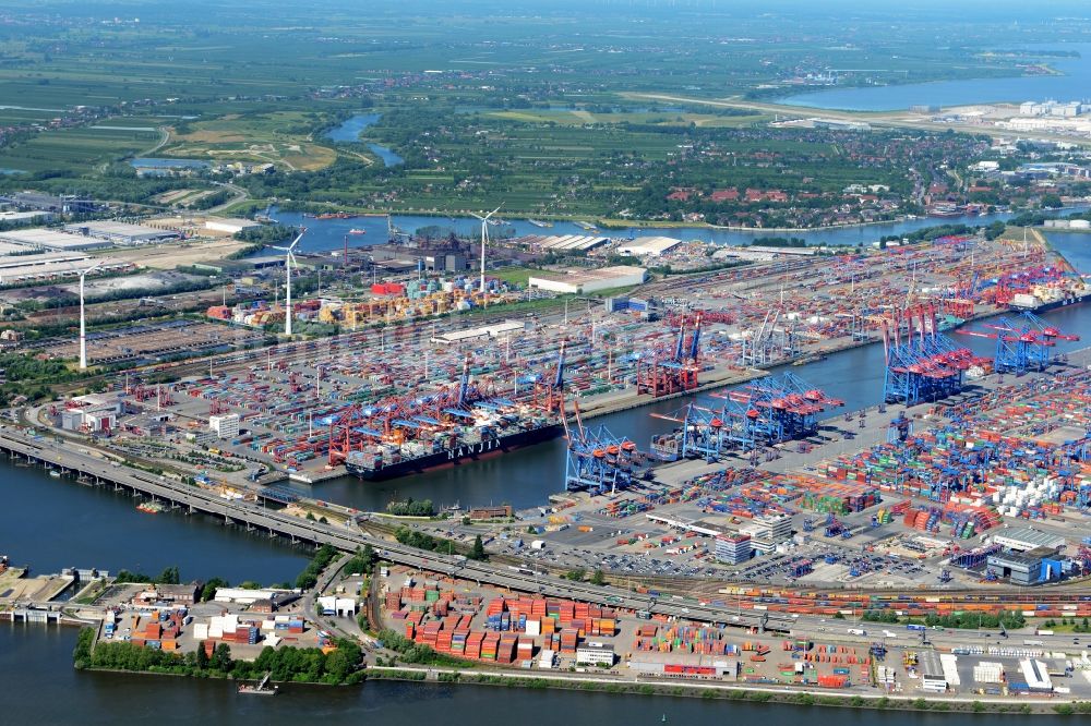 Hamburg aus der Vogelperspektive: HHLA Logistics Container Terminal Tollerort am Hamburger Hafen / Waltershofer Hafen in Hamburg