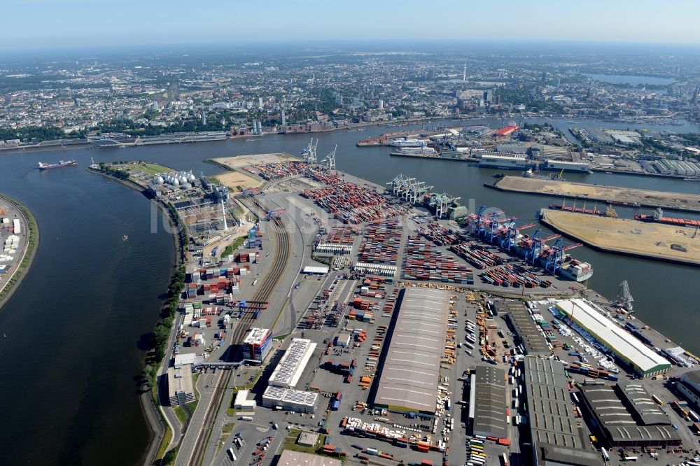 Luftbild Hamburg - HHLA Logistics Container Terminal Tollerort am Hamburger Hafen / Waltershofer Hafen in Hamburg