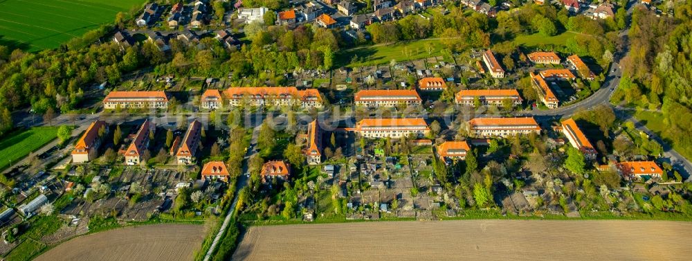 Luftaufnahme Hamm - Historische Bergarbeitersiedlung Vogelsang im Westen des Stadtteils Heessen in Hamm im Bundesland Nordrhein-Westfalen