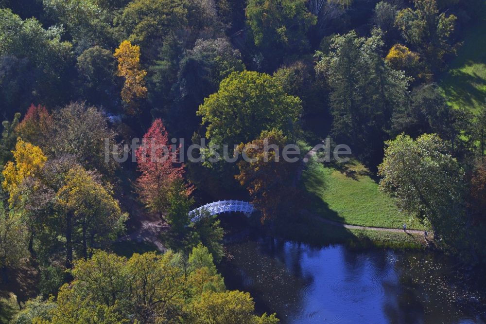 Wörlitz von oben - Historische Holz- Brücke im UNESCO-Kulturerbe- Park des Dessau-Wörlitzer Gartenreiches in Wörlitz im Bundesland Sachsen-Anhalt