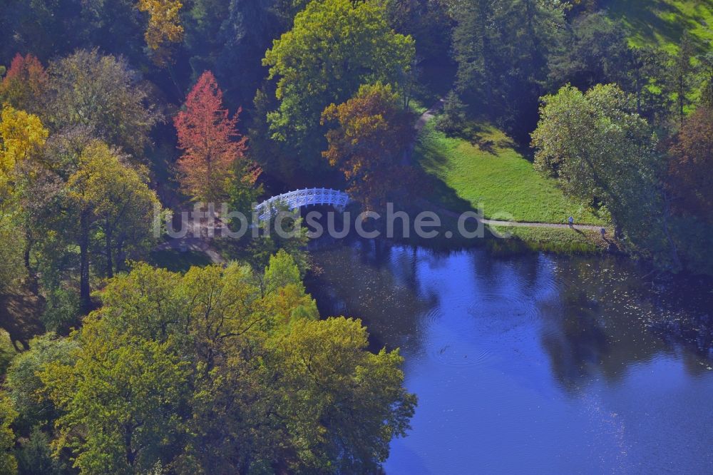 Wörlitz aus der Vogelperspektive: Historische Holz- Brücke im UNESCO-Kulturerbe- Park des Dessau-Wörlitzer Gartenreiches in Wörlitz im Bundesland Sachsen-Anhalt