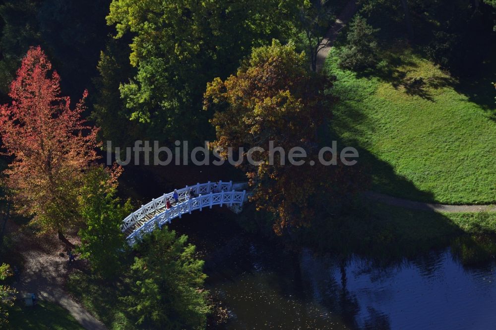 Luftbild Wörlitz - Historische Holz- Brücke im UNESCO-Kulturerbe- Park des Dessau-Wörlitzer Gartenreiches in Wörlitz im Bundesland Sachsen-Anhalt