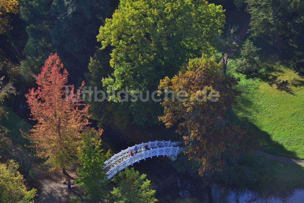 Luftaufnahme Wörlitz - Historische Holz- Brücke im UNESCO-Kulturerbe- Park des Dessau-Wörlitzer Gartenreiches in Wörlitz im Bundesland Sachsen-Anhalt