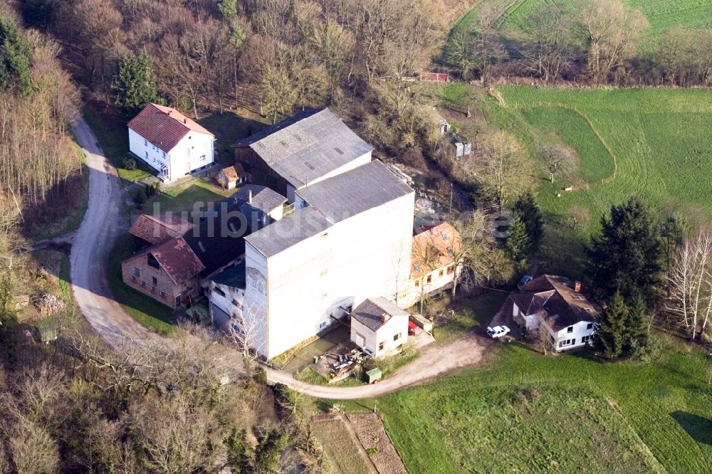 Kandel von oben - Historische Wassermühle am Gehöft eines Bauernhofes zwischen Wald und Wiesen in Kandel im Bundesland Rheinland-Pfalz