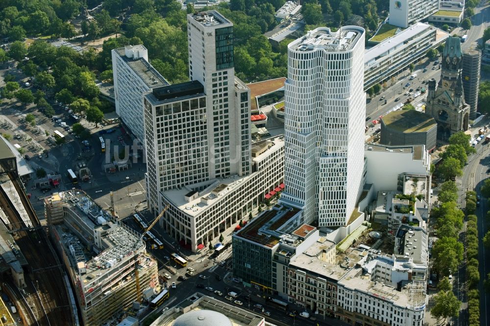 Berlin von oben - Hochhaus- Ensemble der Zoofenster und Neubau Upper West an der Joachimsthaler Straße - Hardenbergstraße im Ortsteil Bezirk Charlottenburg in Berlin, Deutschland