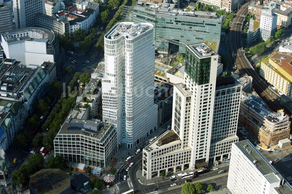 Berlin von oben - Hochhaus- Ensemble der Zoofenster und Neubau Upper West an der Joachimsthaler Straße - Hardenbergstraße im Ortsteil Bezirk Charlottenburg in Berlin, Deutschland