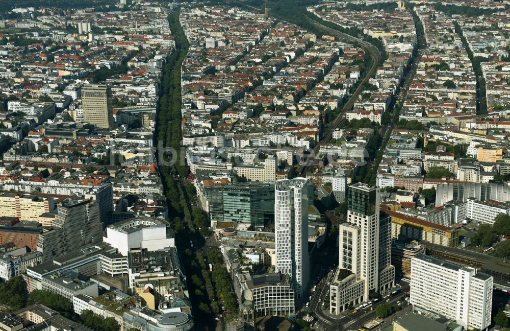 Luftbild Berlin - Hochhaus- Ensemble der Zoofenster und Neubau Upper West an der Joachimsthaler Straße - Hardenbergstraße im Ortsteil Bezirk Charlottenburg in Berlin, Deutschland