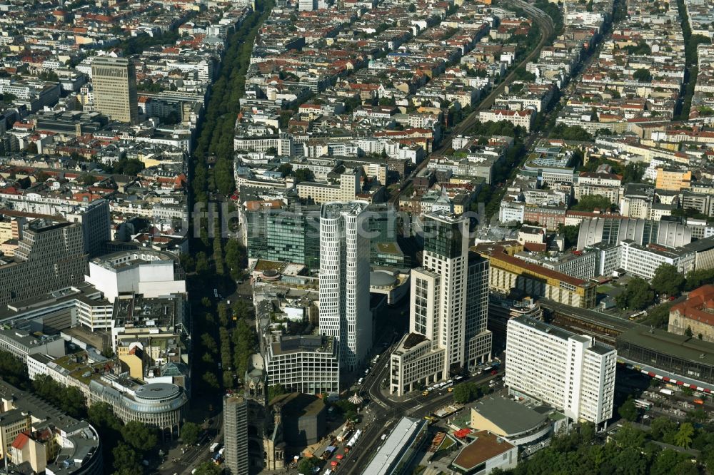 Luftaufnahme Berlin - Hochhaus- Ensemble der Zoofenster und Neubau Upper West an der Joachimsthaler Straße - Hardenbergstraße im Ortsteil Bezirk Charlottenburg in Berlin, Deutschland