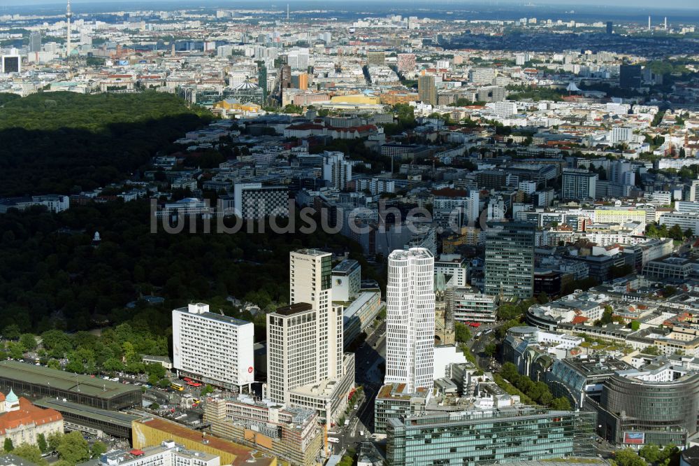 Berlin von oben - Hochhaus- Ensemble der Zoofenster und Neubau Upper West an der Joachimsthaler Straße - Hardenbergstraße im Ortsteil Bezirk Charlottenburg in Berlin, Deutschland