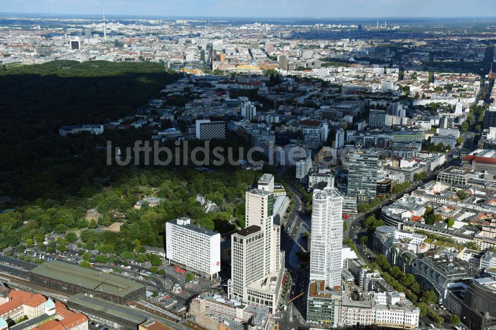 Luftbild Berlin - Hochhaus- Ensemble der Zoofenster und Neubau Upper West an der Joachimsthaler Straße - Hardenbergstraße im Ortsteil Bezirk Charlottenburg in Berlin, Deutschland