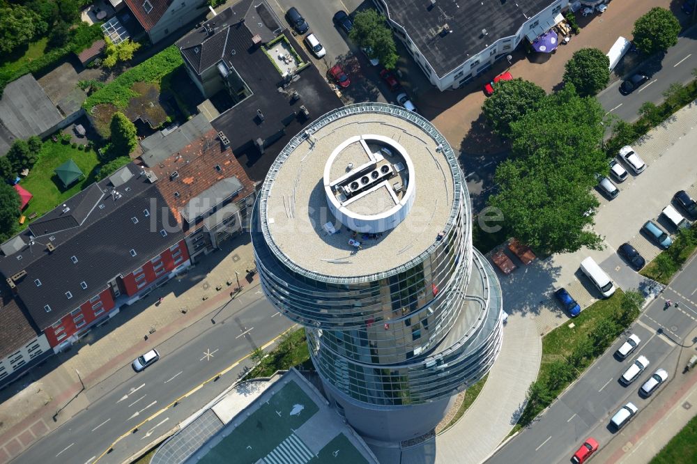 Luftaufnahme Bochum - Hochhaus Exenterhouse - Exenterhaus auf einem ehemaligen Bunker an der Universitätsstraße in Bochum