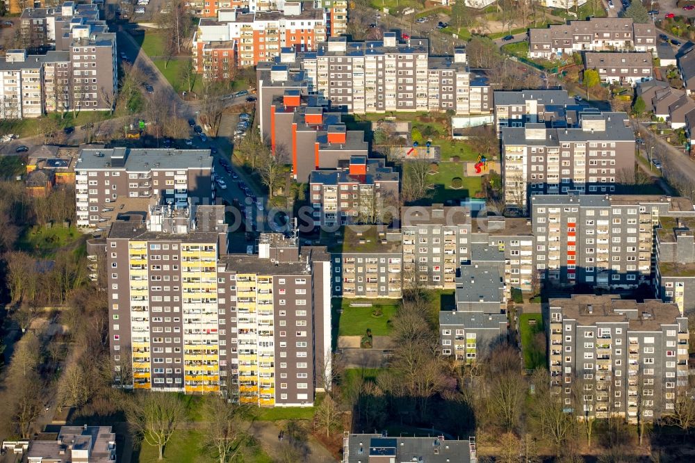 Luftaufnahme Essen - Hochhaus- Wohngebietssiedlung im Stadtteil Horst am Bonhoefferweg in Essen im Bundesland Nordrhein-Westfalen