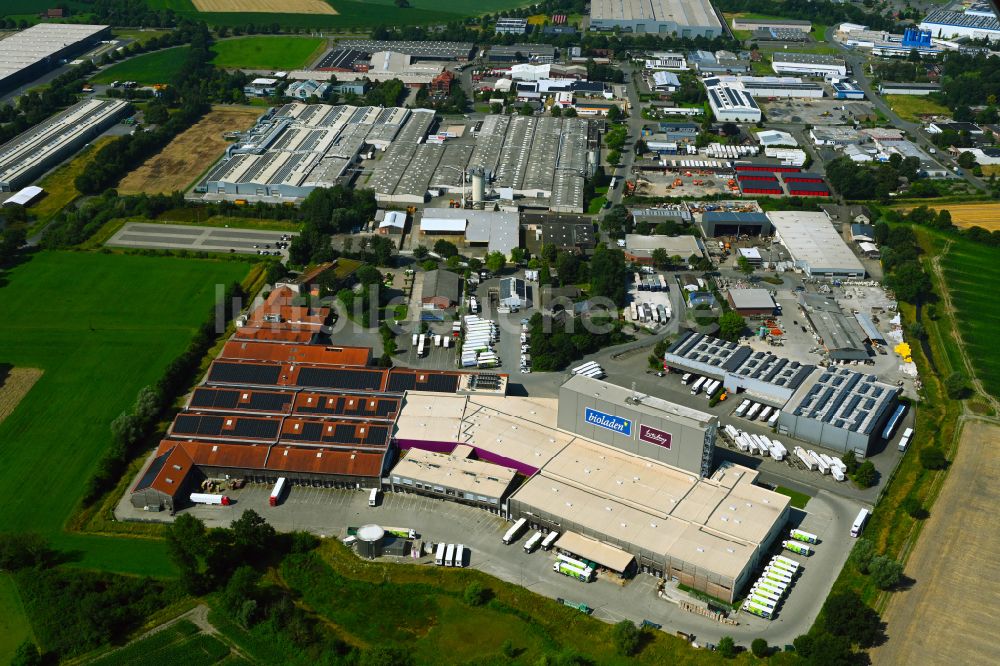 Coesfeld aus der Vogelperspektive: Hochregal- Lager-Gebäudekomplex und Logistikzentrum auf dem Gelände des Bio- Großhandels Weiling in Coesfeld im Bundesland Nordrhein-Westfalen, Deutschland