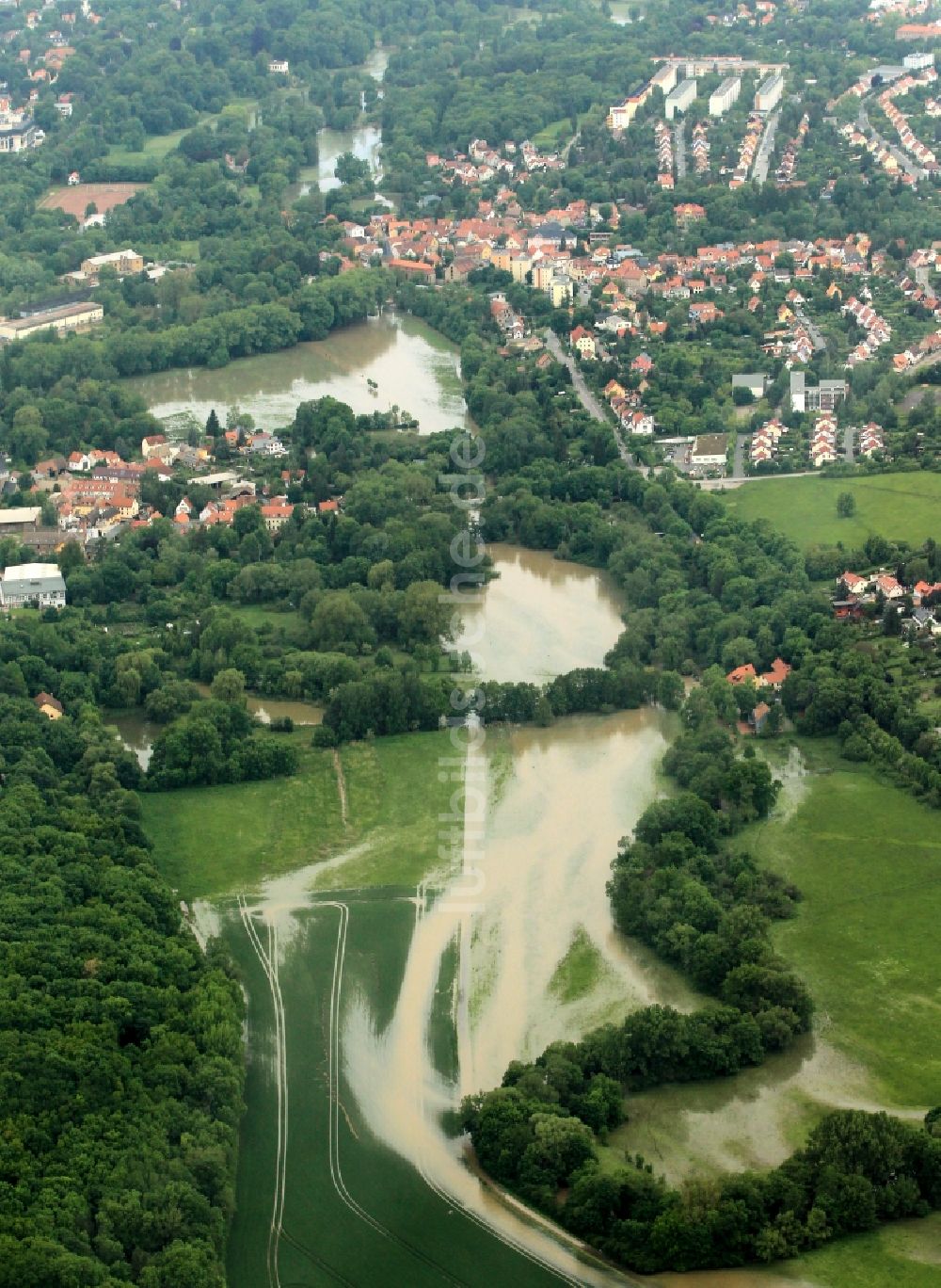 Weimar von oben - Hochwasser Flut Katastrophe mit Überflutung des Ilmpark am überlaufenden Fluss Ilm in Weimar im Bundesland Thüringen