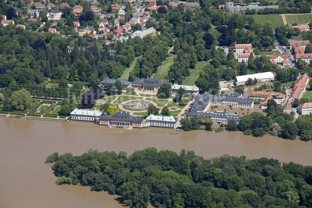 Luftbild Pillnitz - Hochwasser Flut Katastrophe mit Überflutung am Schloss Pillnitz am Ufer der Elbe und Umland bei Pillnitz im Bundesland Sachsen