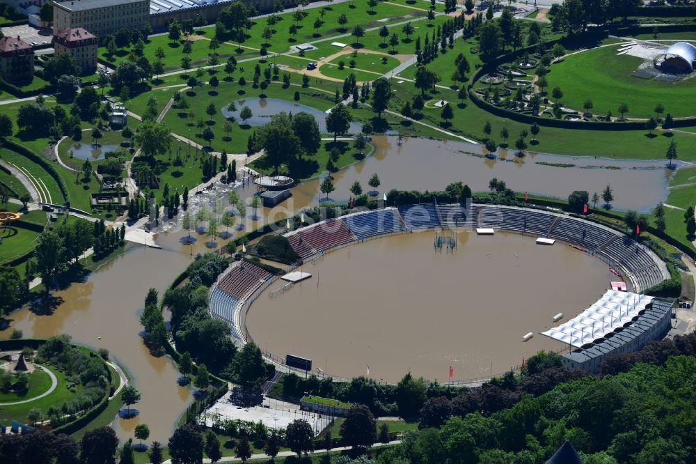 Luftaufnahme Gera - Hochwasser Flut Katastrophe mit Überflutung des Sportpark und Stadion von Gera im Bundesland Thüringen