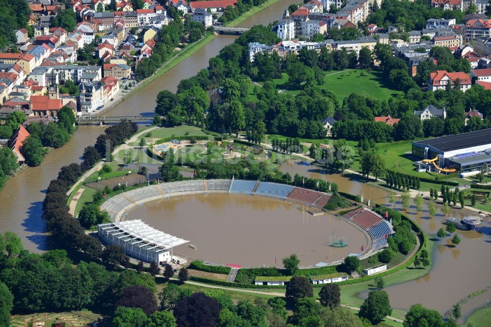 Luftbild Gera - Hochwasser Flut Katastrophe mit Überflutung des Sportpark und Stadion von Gera im Bundesland Thüringen