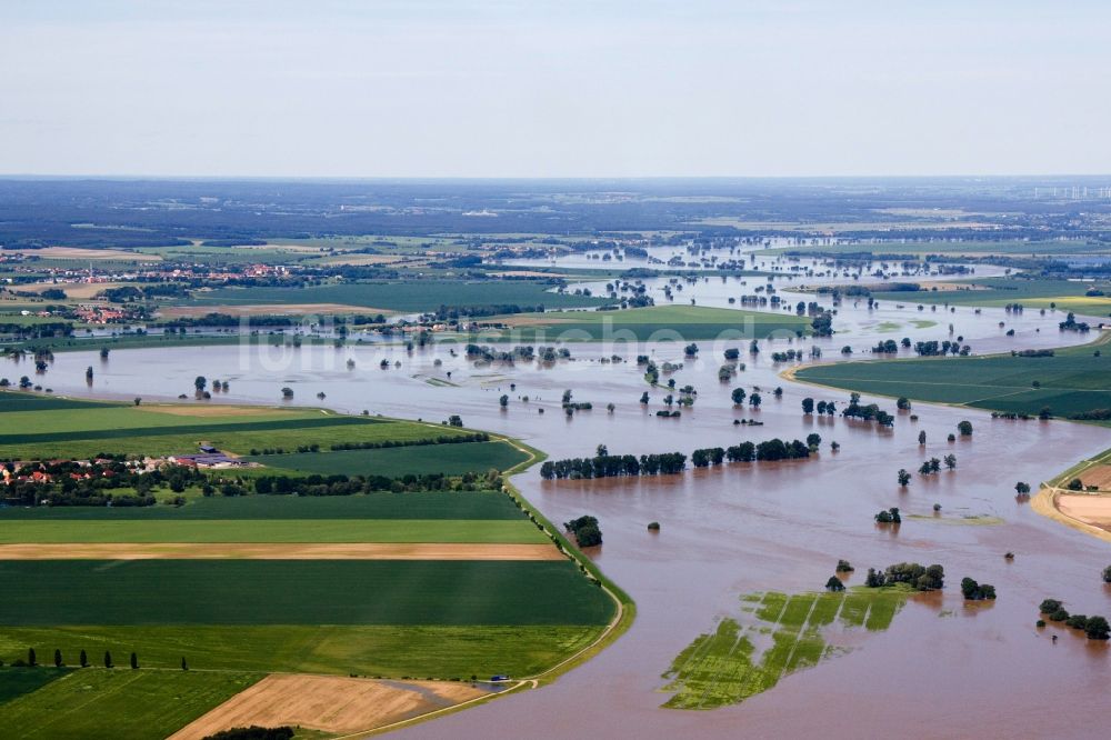 Luftaufnahme Torgau - Hochwasser Flut Katastrophe mit Überflutung der Ufer der Elbe und Umland bei Torgau im Bundesland Sachsen