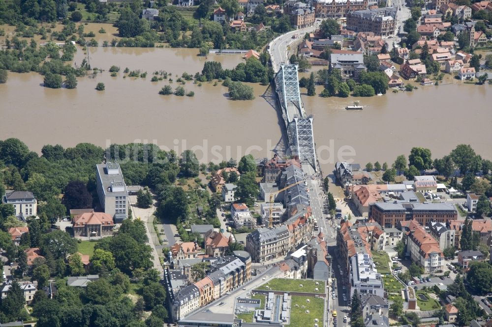 Dresden von oben - Hochwasser Flut Katastrophe mit Überflutung der Ufer der Elbe und Umland in der Innenstadt von Dresden im Bundesland Sachsen