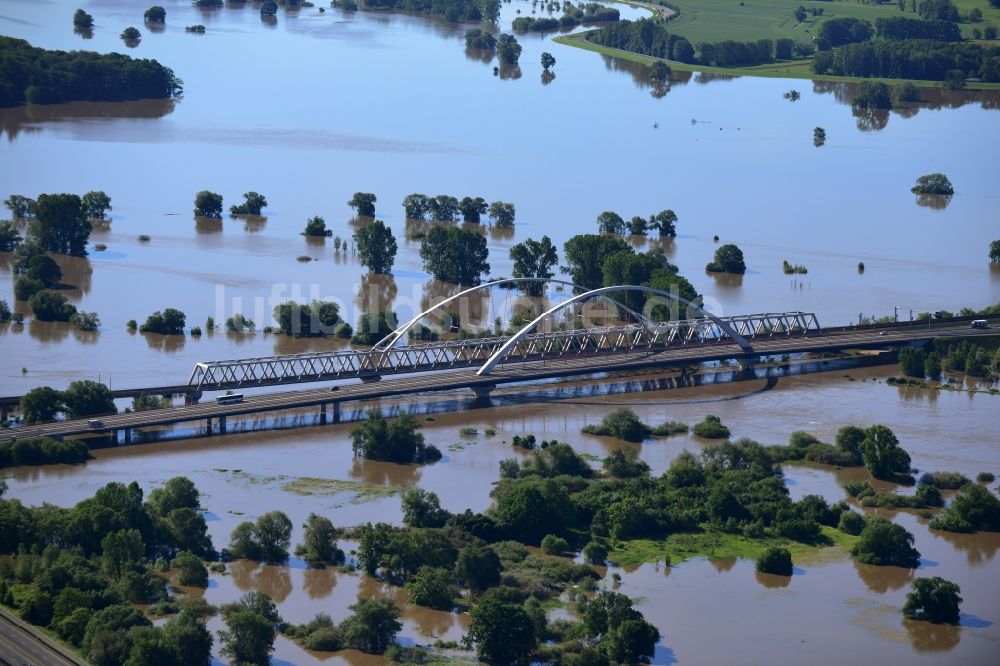 Luftaufnahme Wittenberg - Hochwasser Pegel - Situation durch Überschwemmung und Übertritt der Ufer der Elbe an der Elb- Brücke bei Wittenberg im Bundesland Sachsen-Anhalt