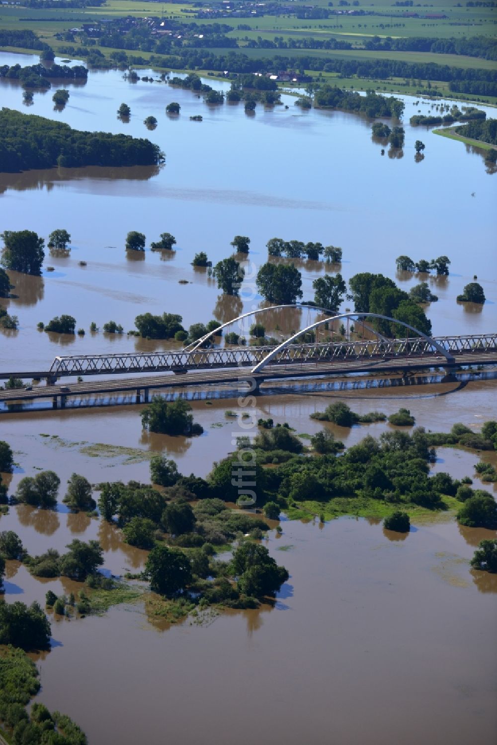 Wittenberg von oben - Hochwasser Pegel - Situation durch Überschwemmung und Übertritt der Ufer der Elbe an der Elb- Brücke bei Wittenberg im Bundesland Sachsen-Anhalt