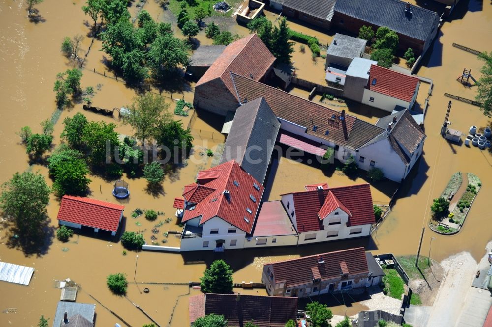 Luftaufnahme Glaucha OT Oberglaucha - Hochwasser Pegel - Situation durch Überschwemmung und Übertritt der Ufer der Mulde bei Glaucha OT Oberglaucha im Bundesland Sachsen