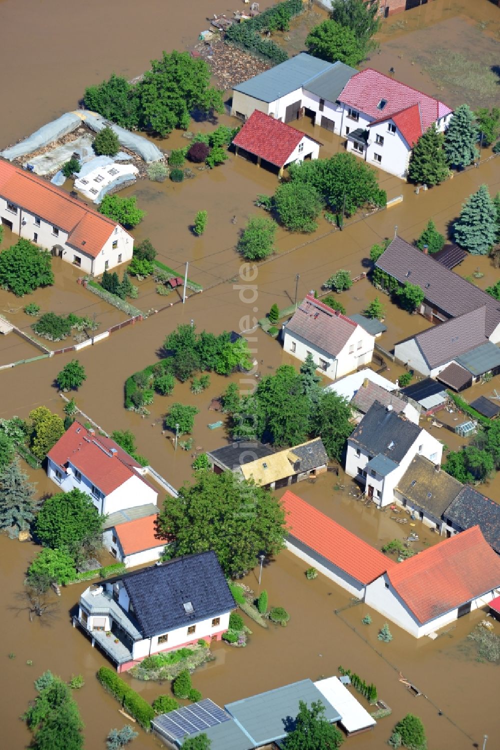 Gruna von oben - Hochwasser Pegel - Situation durch Überschwemmung und Übertritt der Ufer der Mulde bei Gruna im Bundesland Sachsen