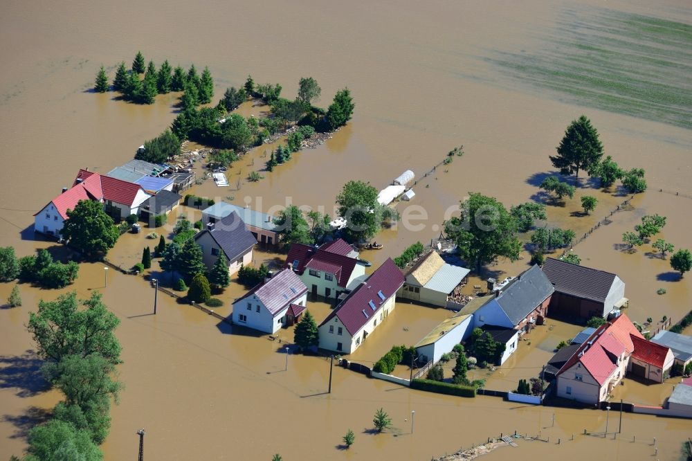 Gruna aus der Vogelperspektive: Hochwasser Pegel - Situation durch Überschwemmung und Übertritt der Ufer der Mulde bei Gruna im Bundesland Sachsen