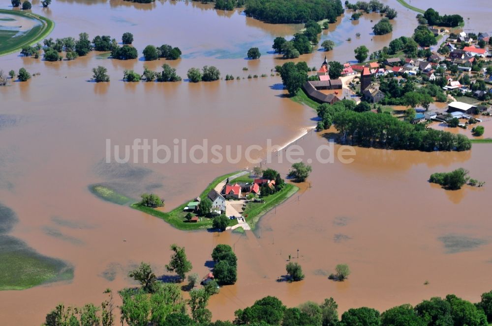 Luftaufnahme Hohenpreßnitz - Hochwasser Pegel - Situation durch Überschwemmung und Übertritt der Ufer der Mulde bei Hohenpreßnitz im Bundesland Sachsen