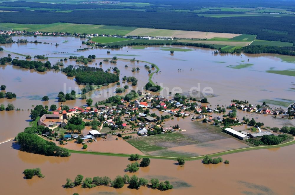 Hohenpreßnitz von oben - Hochwasser Pegel - Situation durch Überschwemmung und Übertritt der Ufer der Mulde bei Hohenpreßnitz im Bundesland Sachsen