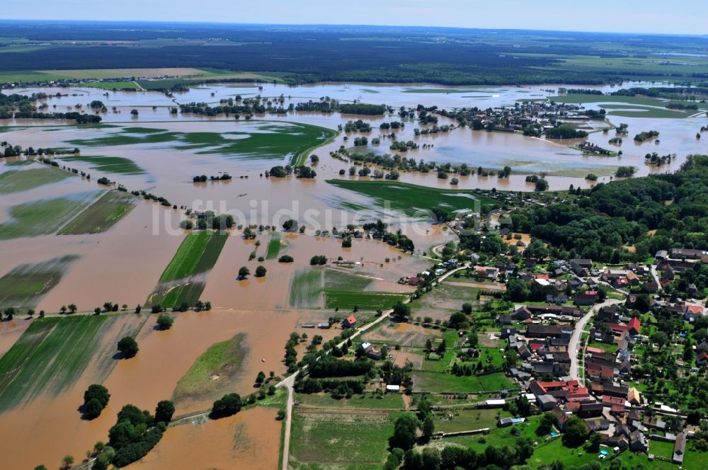 Luftaufnahme Hohenpreßnitz - Hochwasser Pegel - Situation durch Überschwemmung und Übertritt der Ufer der Mulde bei Hohenpreßnitz im Bundesland Sachsen