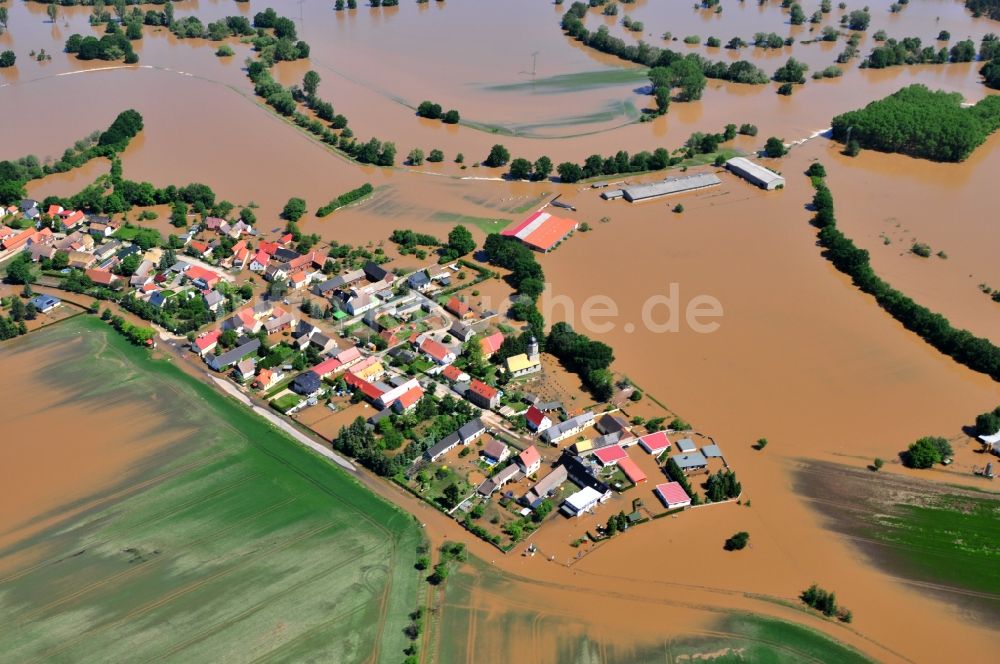 Luftbild Laußig - Hochwasser Pegel - Situation durch Überschwemmung und Übertritt der Ufer der Mulde bei Laußig im Bundesland Sachsen