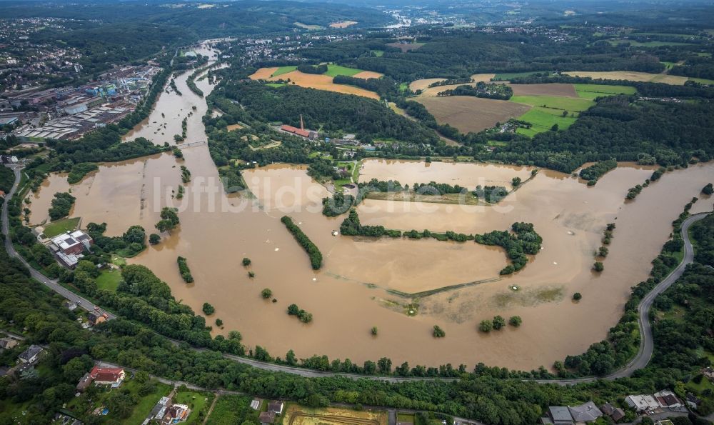 Witten von oben - Hochwasserschäden der Flutkatastrophe am Flußverlauf der Ruhr in Witten im Bundesland Nordrhein-Westfalen, Deutschland