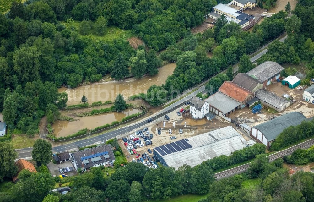 Luftbild Hagen - Hochwasserschäden der Flutkatastrophe am Verlauf von Ruhr und Volme in Hagen im Bundesland Nordrhein-Westfalen, Deutschland