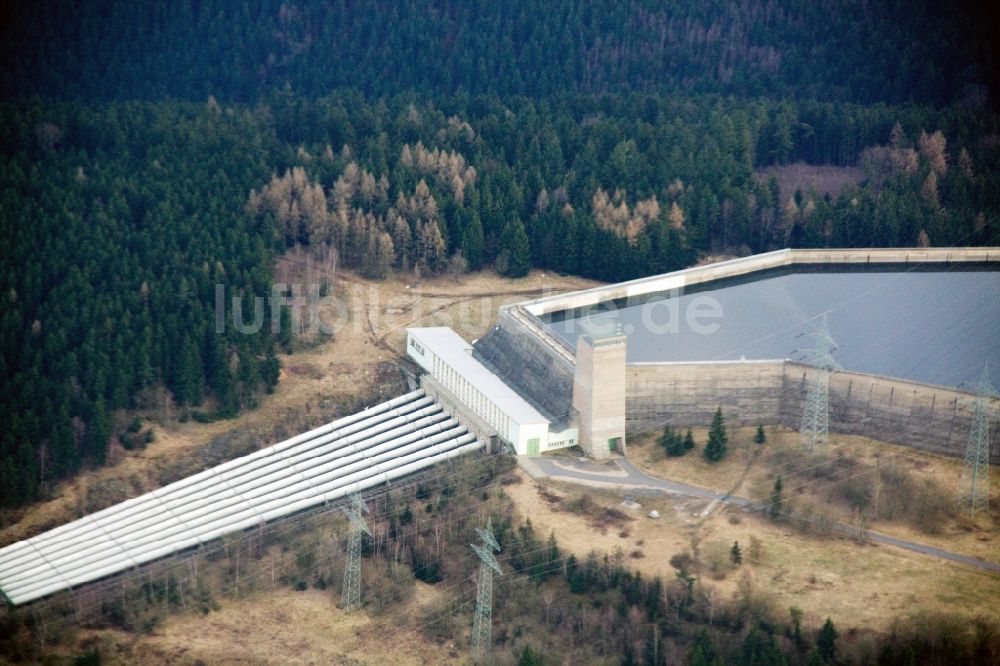 Hohenwarte von oben - Hohenwarte-Stausee in der Thüringer Ortschaft Hohenwarte im Landkreis Saalfeld-Rudolstadt