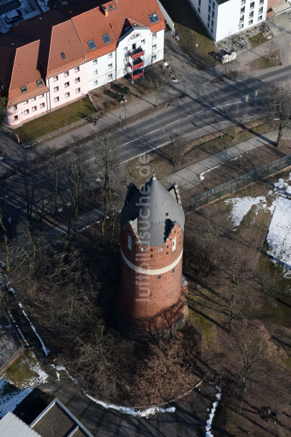 Luftbild Bernau - Industriedenkmal Wasserturm in Bernau im Bundesland Brandenburg