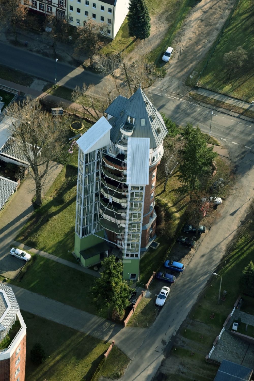 Luftaufnahme Fürstenwalde/Spree - Industriedenkmal Wasserturm in Fürstenwalde/Spree im Bundesland Brandenburg