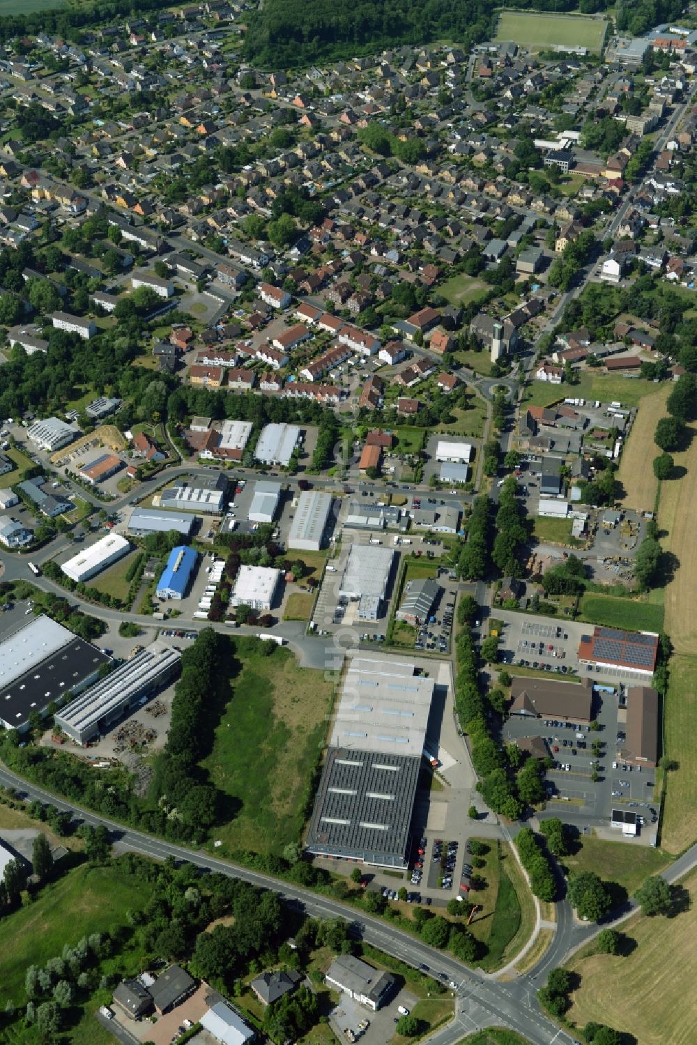 Bergkamen von oben - Industriegebäudekomplex der Markus Gerold Unternehmensgruppe in Bergkamen im Bundesland Nordrhein-Westfalen