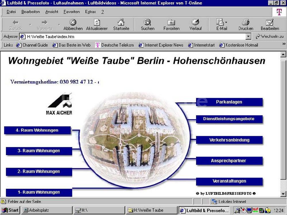 Berlin - Lichtenberg von oben - Internetseite für das Wohngebiet Weiße Taube der Unternehmensgruppe Max Aicher Freilassing (Eröffungsseite).